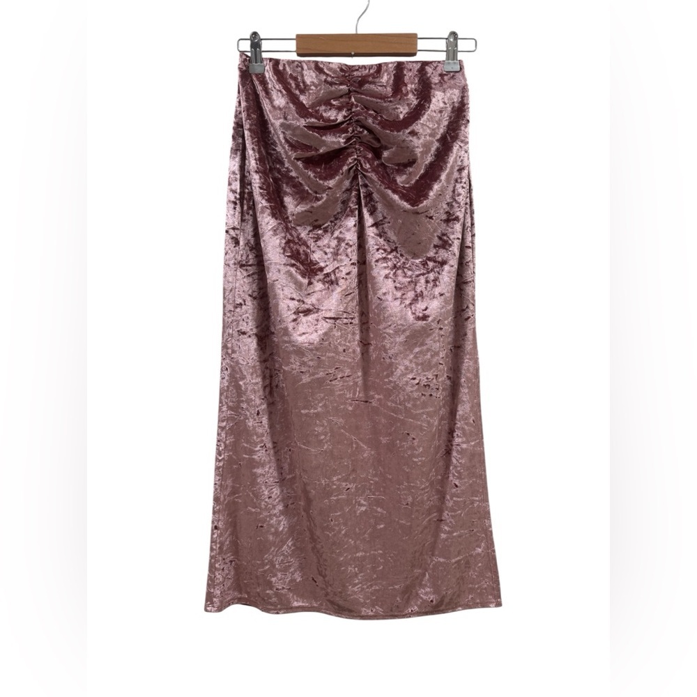 Wayf Blush Crushed Velvet Ruched Midi Skirt - Picture 2 of 5